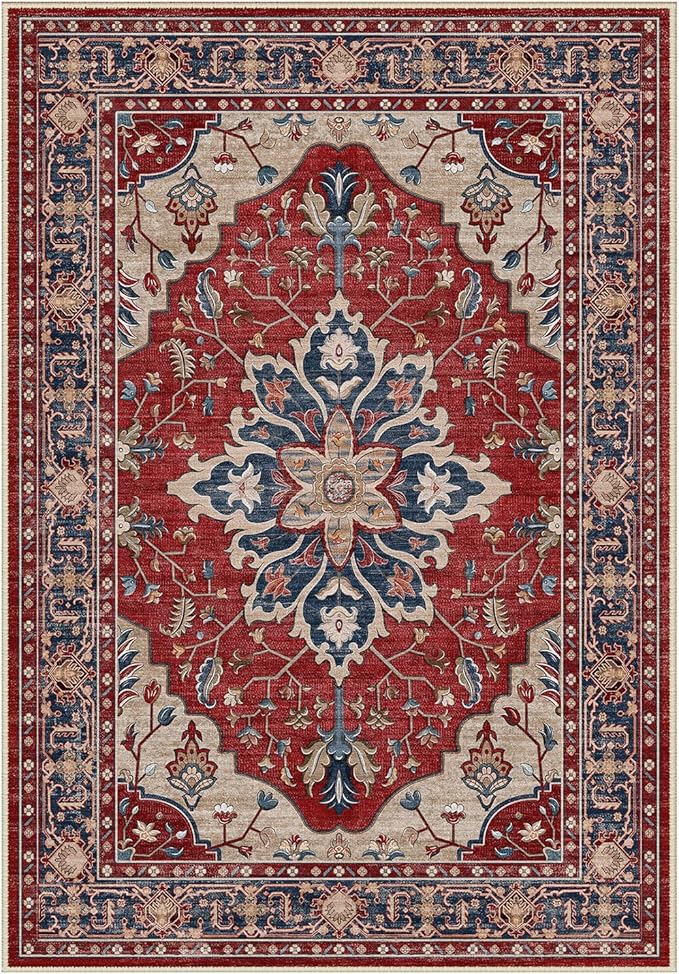 RELEANY Area Rugs 3'x5' Washable Non-Slip, Floral Vintage Distress Print Pattern Medallion Carpet for Living Room Bedroom Dining Room, Red Blue