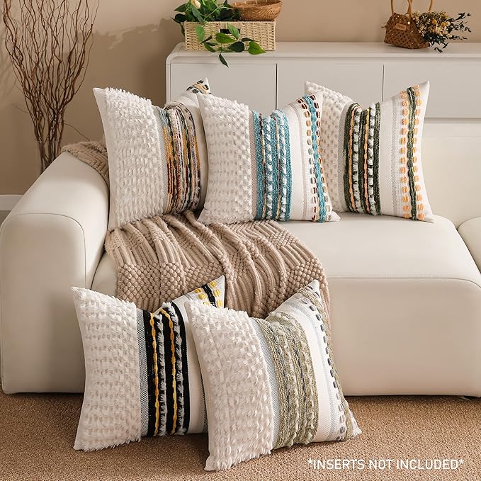 KOOLIFE Boho Chenille Tufted Couch Throw Pillow Covers 18x18 Inch Set of 2 Farmhouse Striped Decorative Pillow Covers Accent Neutral Pillowcase Brown Cushion Cover for Living Room Sofa Bed