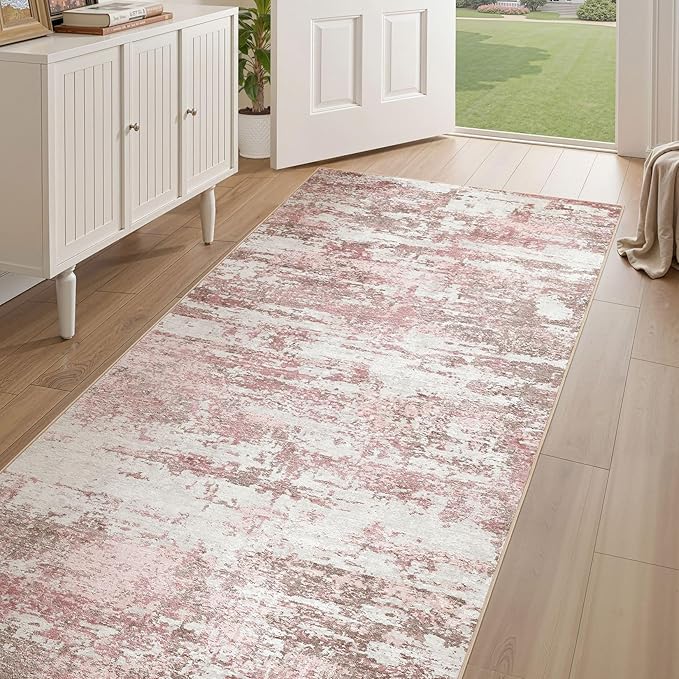 Area Rugs for Living Room: 3x14 Abstract Washable Rug Modern Neutral Large Soft Stain Resistant Non-Slip Backing Machine Table for Bedroom Dining Room Indoor Home Office Carpet - Pink