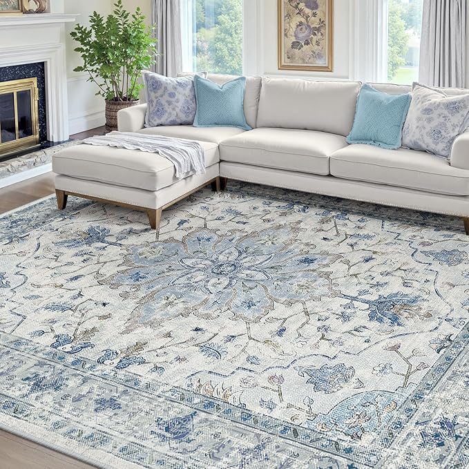 RELEANY Area Rugs 8'x10' Washable Non-Slip, Floral Vintage Distress Print Pattern Medallion Carpet for Living Room Bedroom Dining Room, Light Blue Navy Beige Gray White