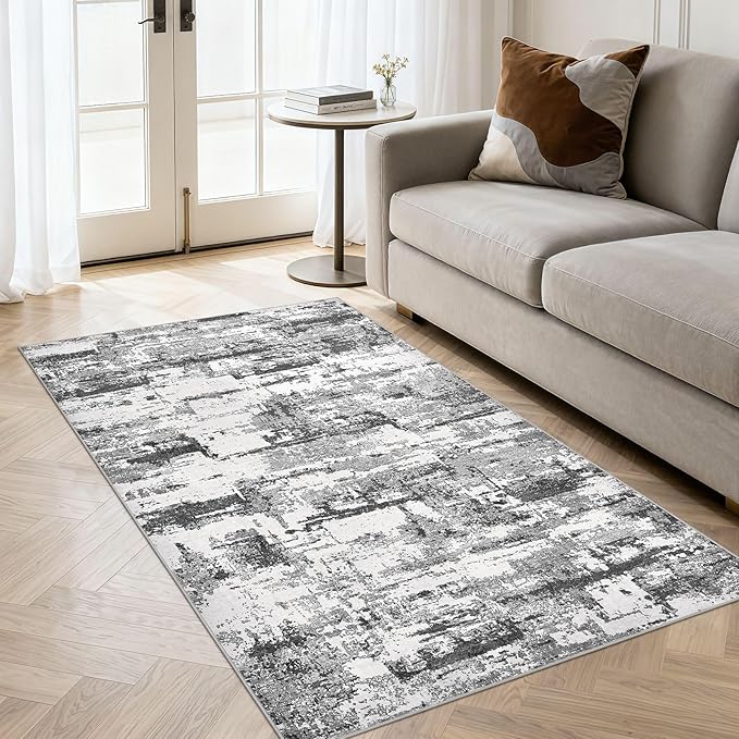 Hallway Washable Runner Rug: 3x5 Abstract Modern Soft Stain Resistant Non-Slip Backing Runner for for Entryway Kitchen Laundry Living Bathroom - Black Grey