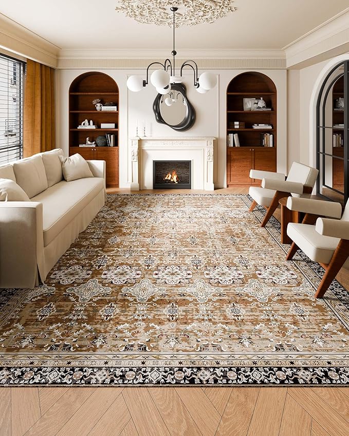 VEVOR 9 x 12 ft Area Rug Large Washable Rug Non-Slip and Tear-Resistant Soft Carpet Pet & Child Friendly Vintage Area Rugs Indoor Mat for Bedroom Living Room Kids Room Office Brown Green