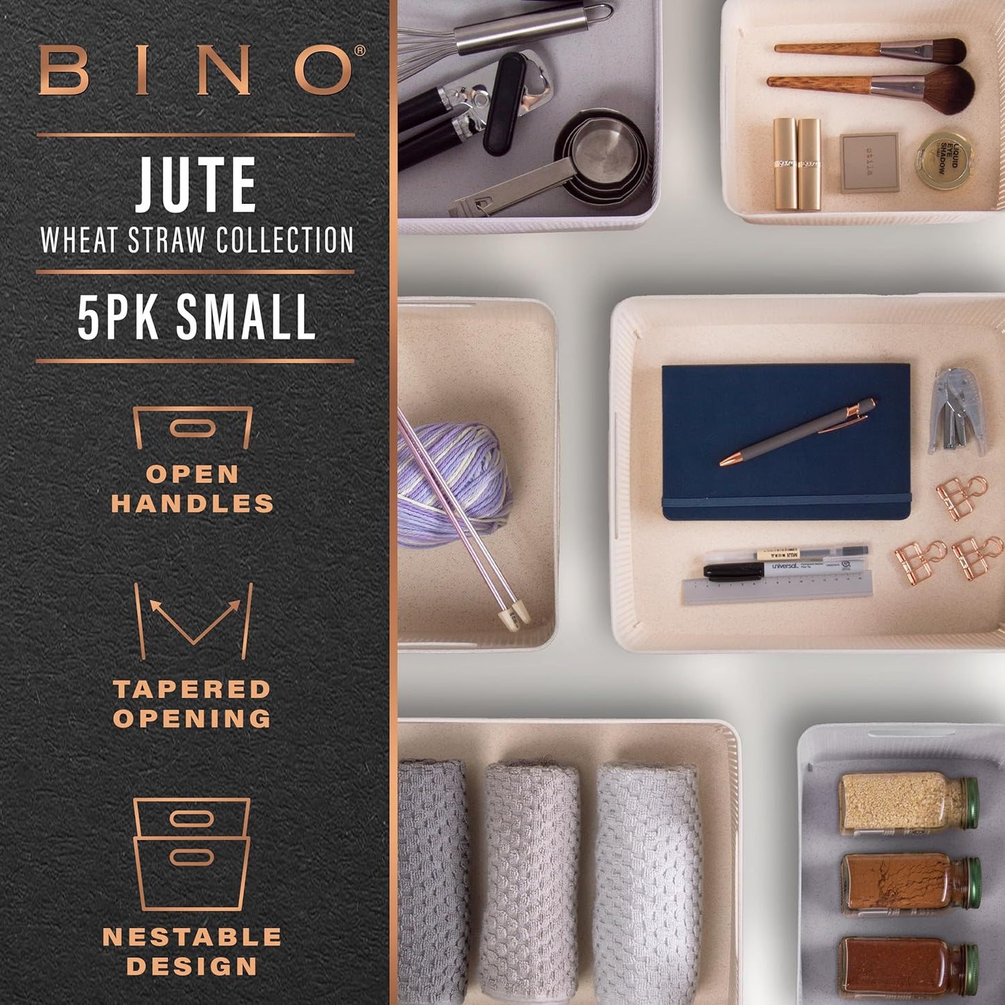 BINO | Woven Plastic Basket | Small (Natural Grey), 5-Pack | THE JUTE COLLECTION | Home Organization, Space - Saving Storage, Stylish Design | Jute Basket | Plastic Storage Basket