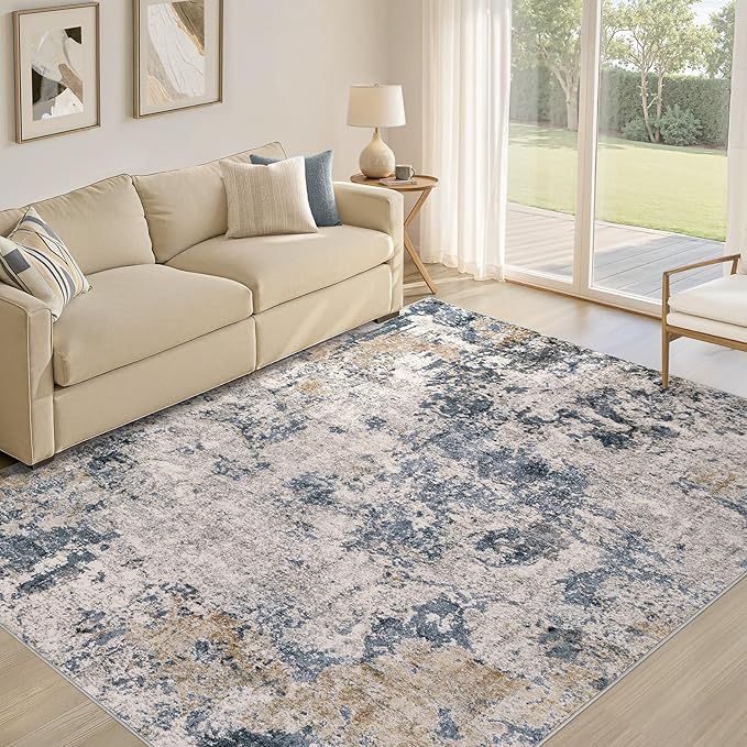 Area Rugs for Living Room: 8x10 Abstract Washable Rug Large Soft Stain Resistant Non-Slip Backing for Bedroom Dining Room Indoor Home Office Carpet for Kids Pet Friendly Families - Blue Brown