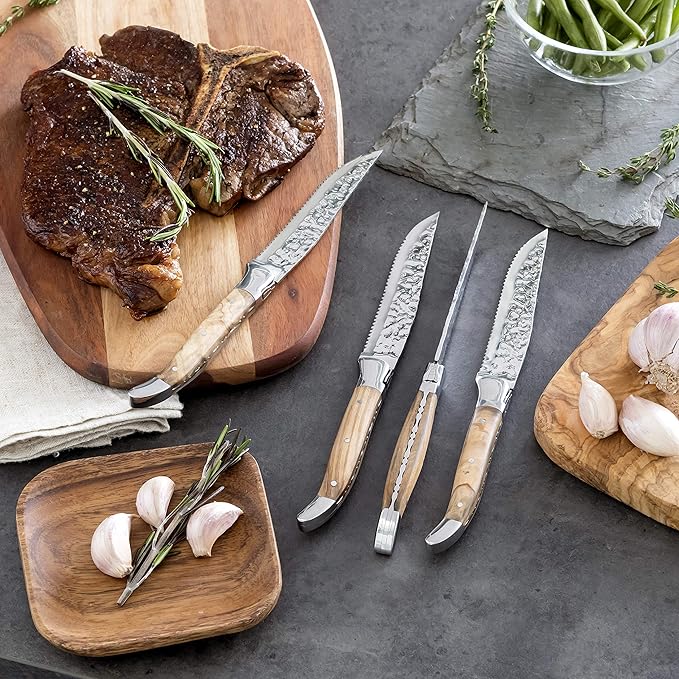 Laguiole Connoisseur BBQ Steak Knives Set of 4 – Stainless Steel Silverware Set Packed in an Elegant Box – Olive Wood Handle Unique Kitchen Cutlery