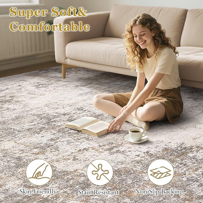 Area Rugs for Living Room: 9x12 Abstract Washable Rug Modern Neutral Large Soft Stain Resistant Non-Slip Backing Machine Table for Bedroom Dining Room Indoor Home Office Carpet - Brown Grey