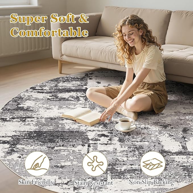 8ft Round Area Rugs for Living Room: 8x8 Abstract Washable Rug Modern Large Soft Stain Resistant Non-Slip Backing Machine Table for Bedroom Dining Room Indoor Home Office Carpet - Black Grey