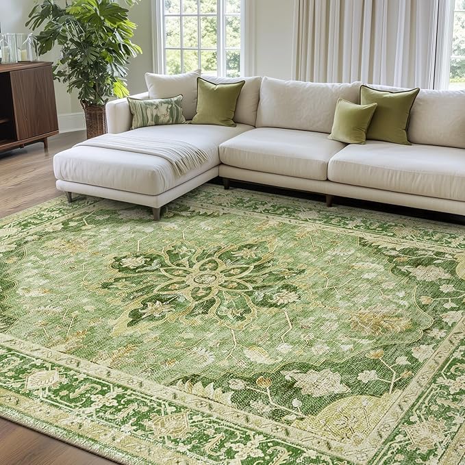 RELEANY Area Rugs 7'x9' Washable Non-Slip, Floral Vintage Distress Print Pattern Medallion Carpet for Living Room Bedroom Dining Room, Sage Green Yellow