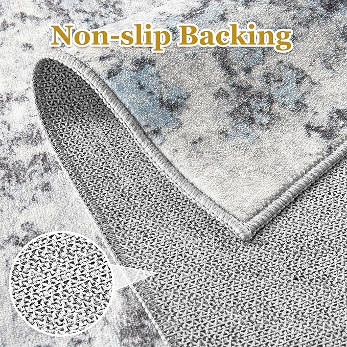 8ft Round Area Rugs for Living Room: 8x8 Abstract Washable Rug Modern Large Soft Stain Resistant Non-Slip Backing Machine Table for Bedroom Dining Room Indoor Home Office Carpet - Blue Grey