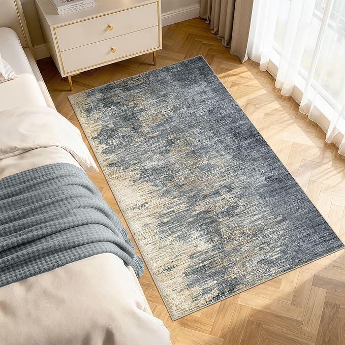 Area Rugs for Living Room: 3x5 Abstract Washable Rug Modern Neutral Large Soft Stain Resistant Non-Slip Backing Machine Table for Bedroom Dining Room Indoor Home Office Carpet - Blue Gold