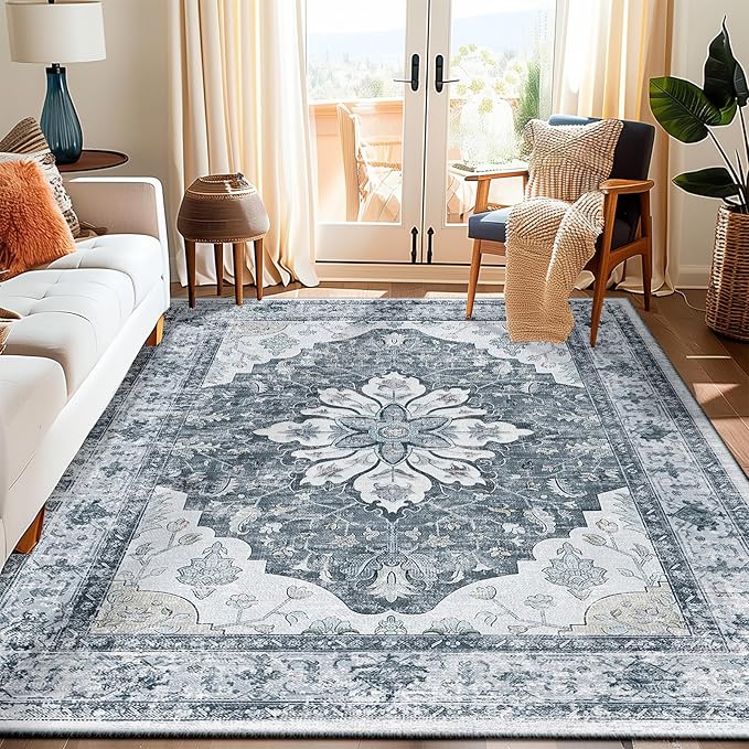 RELEANY Area Rugs 5'x7' Washable Non-Slip, Floral Vintage Distress Print Pattern Medallion Carpet for Living Room Bedroom Dining Room, Light Gray Grey White