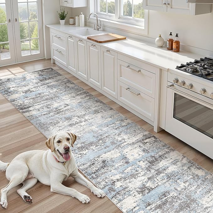 Hallway Washable Runner Rug: 3x12 Abstract Modern Soft Stain Resistant Non-Slip Backing Runner for for Entryway Kitchen Laundry - Blue Grey