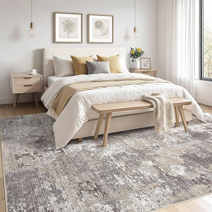 Area Rugs for Living Room: 6x9 Abstract Washable Rug Modern Neutral Large Soft Stain Resistant Non-Slip Backing Machine Table for Bedroom Dining Room Indoor Home Office Carpet - Light Brown