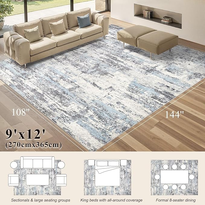 Area Rugs for Living Room: 9x12 Abstract Washable Rug Modern Neutral Large Soft Stain Resistant Non-Slip Backing Machine Table for Bedroom Dining Room Indoor Home Office Carpet - Blue Grey