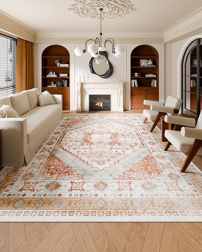 VEVOR 9 x 12 ft Area Rug Large Washable Rug Non-Slip and Tear-Resistant Soft Carpet Pet & Child Friendly Vintage Area Rugs Indoor Mat for Bedroom Living Room Kids Room Office Brown Red