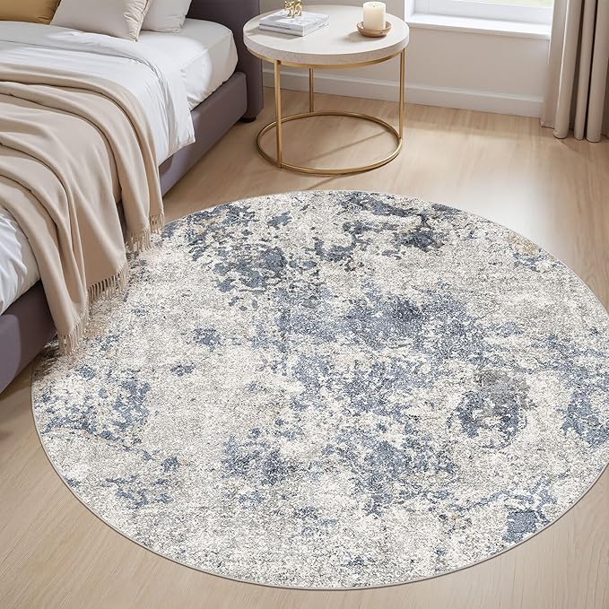 8ft Round Area Rugs for Living Room: 8x8 Abstract Washable Rug Modern Large Soft Stain Resistant Non-Slip Backing Machine Table for Bedroom Dining Room Indoor Home Office Carpet - Blue Brown