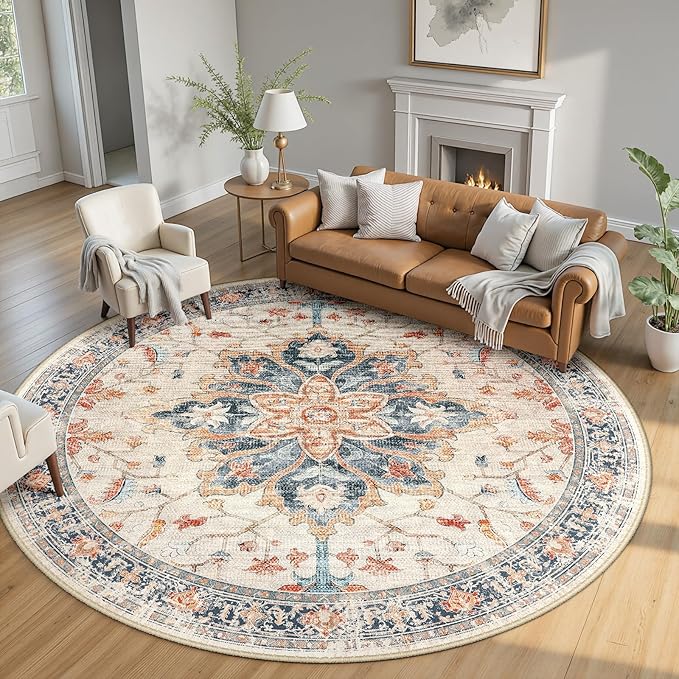 RELEANY 8ft Round Rug, Area Rugs 8ft, Washable Rug, Non-Slip, Rugs for Living Room for Bedroom, Circle , Vintage Rugs Boho Floral Medallion, Low Pile, Soft, Beige Dark Blue Navy Red