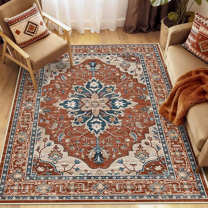 RELEANY Area Rugs 6'x9' Washable Non-Slip, Floral Vintage Distress Print Pattern Medallion Carpet for Living Room Bedroom Dining Room, Red Orange Blue Brown