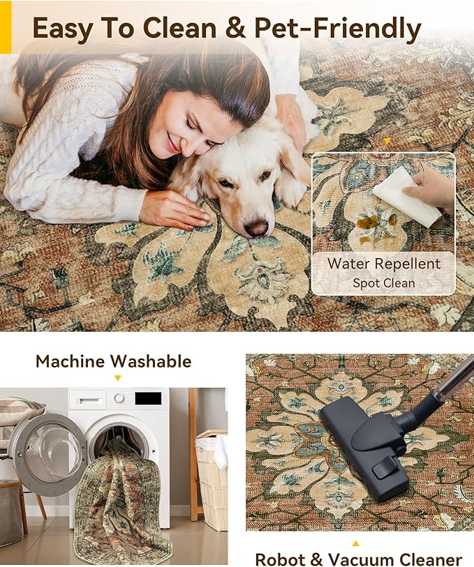 RELEANY Area Rugs 4ft Washable Non-Slip, Floral Vintage Distress Print Pattern Medallion Carpet for Living Room Bedroom Dining Room, Brick Red Rust Neutral Brown Burnt Orange