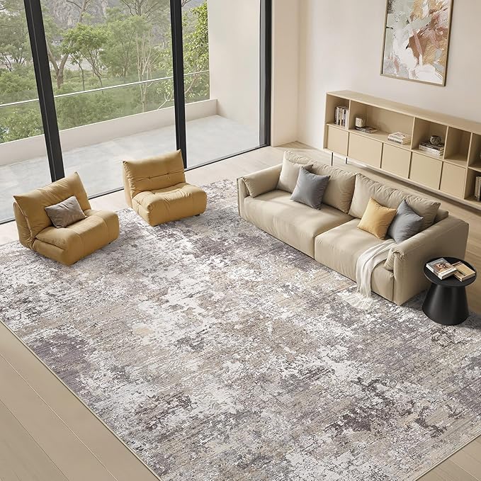 Area Rugs for Living Room: 6x9 Abstract Washable Rug Modern Neutral Large Soft Stain Resistant Non-Slip Backing Machine Table for Bedroom Dining Room Indoor Home Office Carpet - Light Brown