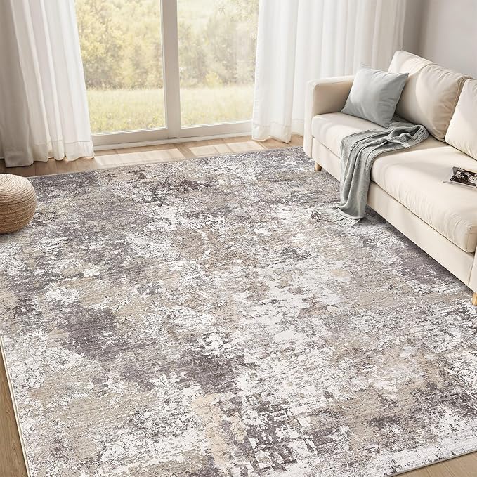 Area Rugs for Living Room: 9x12 Abstract Washable Rug Modern Neutral Large Soft Stain Resistant Non-Slip Backing Machine Table for Bedroom Dining Room Indoor Home Office Carpet - Light Brown