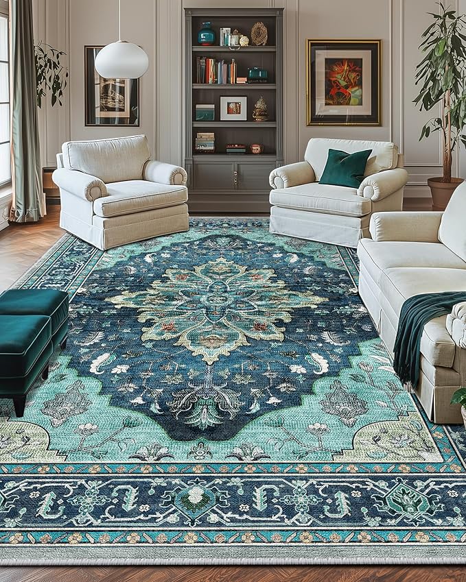 RELEANY Area Rugs 10'x14' Washable Non-Slip, Floral Vintage Distress Print Pattern Medallion Carpet for Living Room Bedroom Dining Room, Teal Green Lake Blue Turquoise