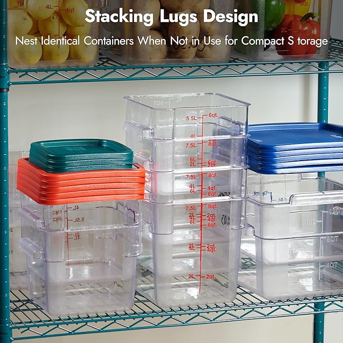 CURTA 8-Pack 18 Qt NSF Clear Polycarbonate Food Storage Containers with Blue Lids - Square, Commercial-Grade, Freezer & Dishwasher Safe, Stackable