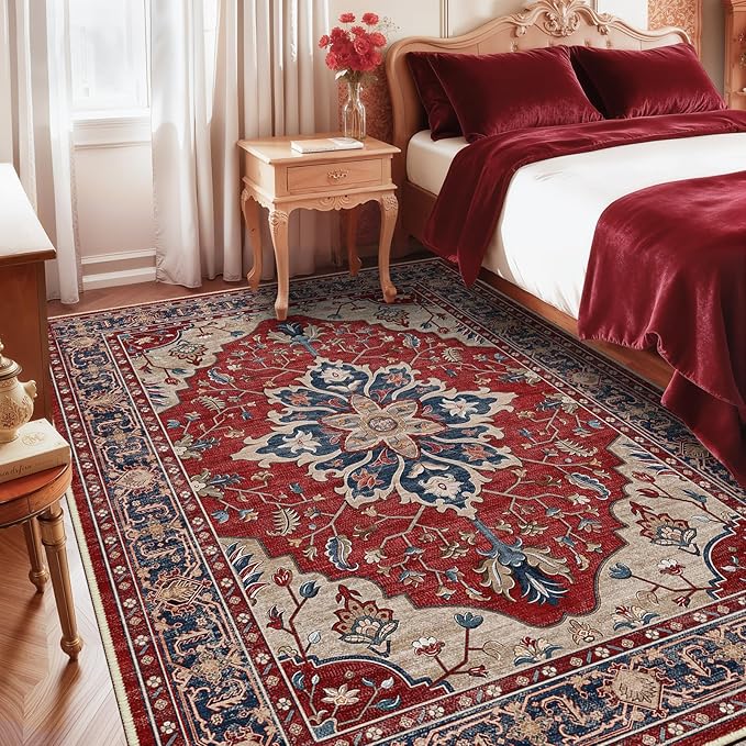 RELEANY Area Rugs 6'x9' Washable Non-Slip, Floral Vintage Distress Print Pattern Medallion Carpet for Living Room Bedroom Dining Room, Red Blue