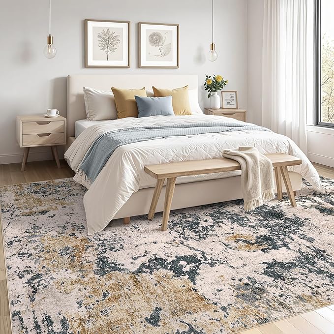 Area Rugs for Living Room: 9x12 Abstract Washable Rug Large Soft Stain Resistant Non-Slip Backing for Bedroom Dining Room Indoor Home Office Carpet for Kids Pet Friendly Families - Grey Gold