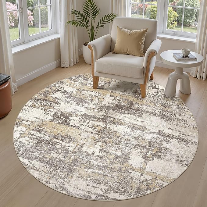 6ft Round Area Rugs for Living Room: 6x6 Abstract Washable Rug Modern Large Soft Stain Resistant Non-Slip Backing Machine Table for Bedroom Dining Room Indoor Home Office Carpet - Gold Brown