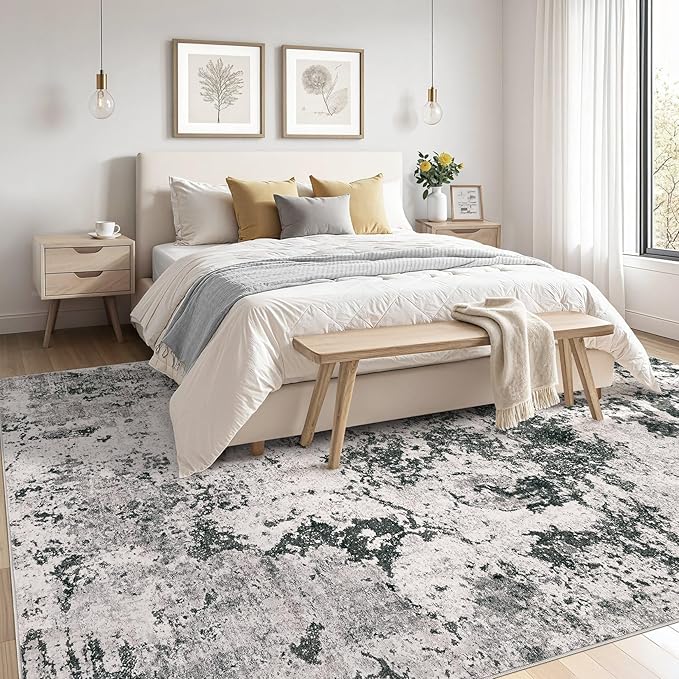 Area Rugs for Living Room: 12x15 Abstract Washable Rug Modern Neutral Large Soft Stain Resistant Non-Slip Backing Machine Table for Bedroom Dining Room Indoor Home Office Carpet - Dark Grey