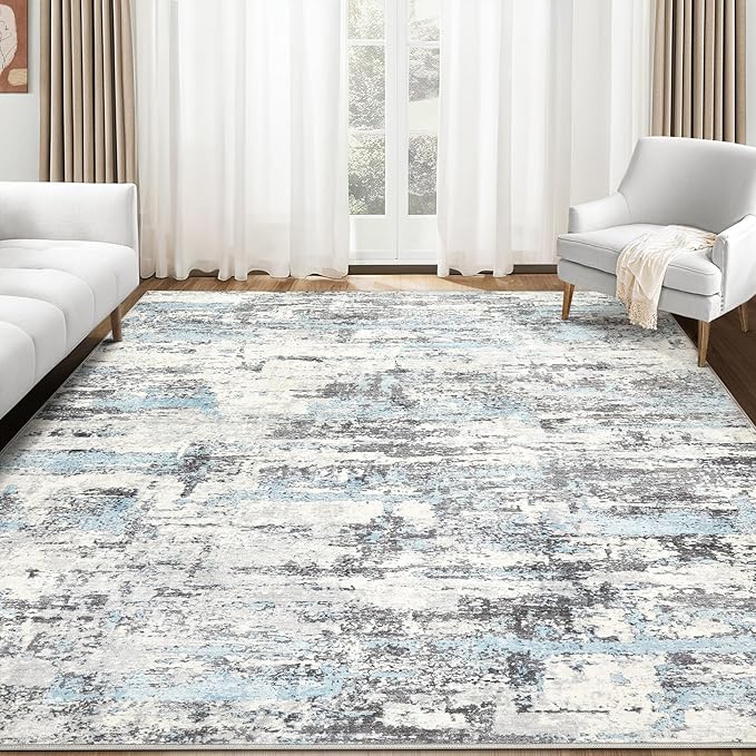 Area Rugs for Living Room: 10x14 Abstract Washable Rug Modern Neutral Large Soft Stain Resistant Non-Slip Backing Machine Table for Bedroom Dining Room Indoor Home Office Carpet - Blue Grey