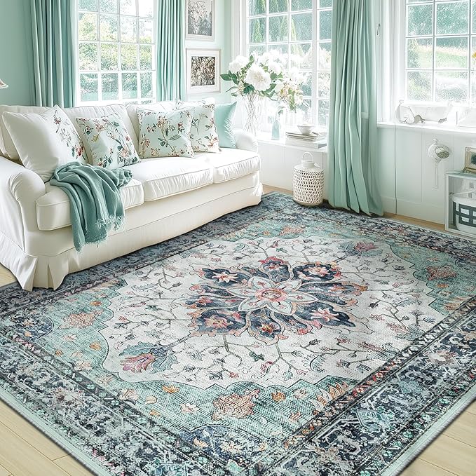 RELEANY Area Rugs 6'x9' Washable Non-Slip, Floral Vintage Distress Print Pattern Medallion Carpet for Living Room Bedroom Dining Room, Green Navy Blue White Red Teal Colorful