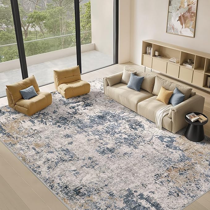 Area Rugs for Living Room: 5x7 Abstract Washable Rug Large Soft Stain Resistant Non-Slip Backing for Bedroom Dining Room Indoor Home Office Carpet for Kids Pet Friendly Families - Blue Brown