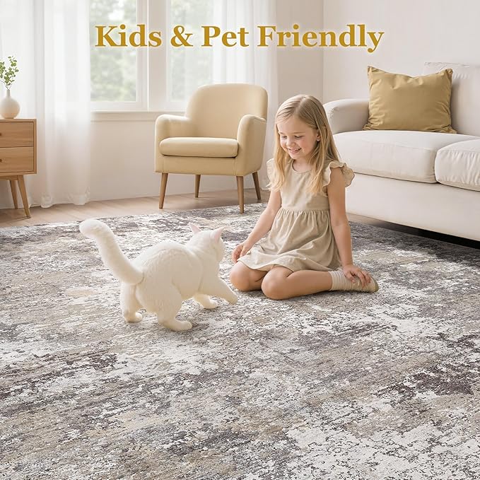 Area Rugs for Living Room: 9x12 Abstract Washable Rug Modern Neutral Large Soft Stain Resistant Non-Slip Backing Machine Table for Bedroom Dining Room Indoor Home Office Carpet - Light Brown