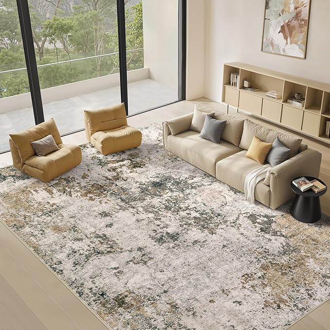 Area Rugs for Living Room: 9x12 Abstract Washable Rug Large Soft Stain Resistant Non-Slip Backing for Bedroom Dining Room Indoor Home Office Carpet for Kids Pet Friendly Families - Dark Brown