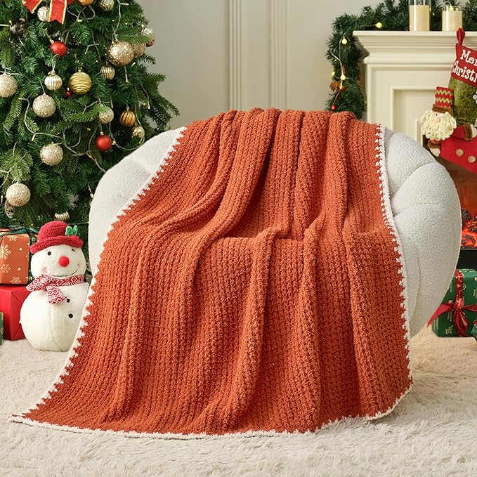 Snuggle Sac Orange Waffle Throw Blanket for Couch Bed Sofa 50x60 inches, Reversible Blanket Microfiber Fluffy Fuzzy Cozy Knit Soft Throws for Women Mothers Birthday Gifts