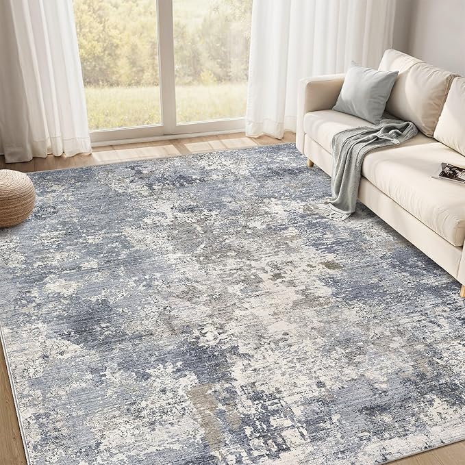 Area Rugs for Living Room: 9x12 Abstract Washable Rug Modern Neutral Large Soft Stain Resistant Non-Slip Backing Machine Table for Bedroom Dining Room Indoor Home Office Carpet - Light Denim Blue