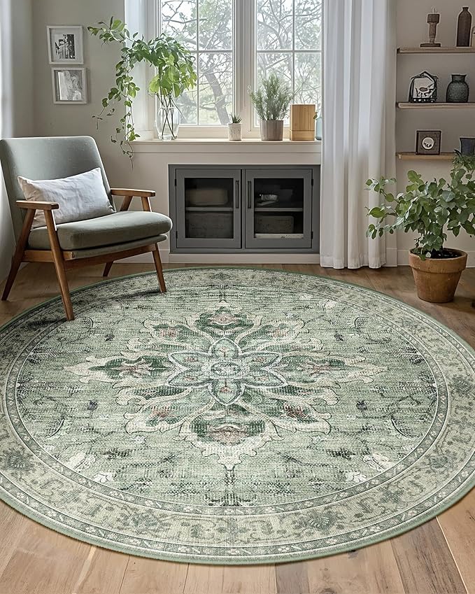 RELEANY Area Rugs 6ft Washable Non-Slip, Floral Vintage Distress Print Pattern Medallion Carpet for Living Room Bedroom Dining Room, Dark Green Gray