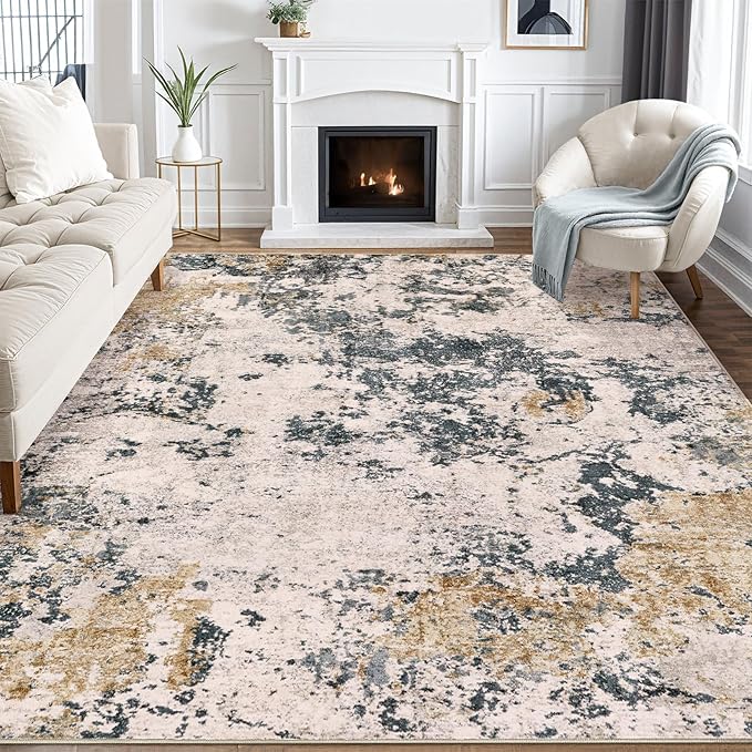 Area Rugs for Living Room: 5x8 Abstract Washable Rug Modern Neutral Large Soft Stain Resistant Non-Slip Backing Machine Table for Bedroom Dining Room Indoor Home Office Carpet - Grey Gold