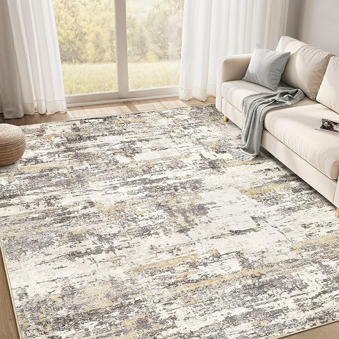 Area Rugs for Living Room: 9x12 Abstract Washable Rug Modern Neutral Large Soft Stain Resistant Non-Slip Backing Machine Table for Bedroom Dining Room Indoor Home Office Carpet - Gold Brown