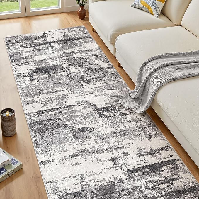 Hallway Washable Runner Rug: 3x8 Abstract Modern Soft Stain Resistant Non-Slip Backing Runner for for Entryway Kitchen Laundry - Black Grey