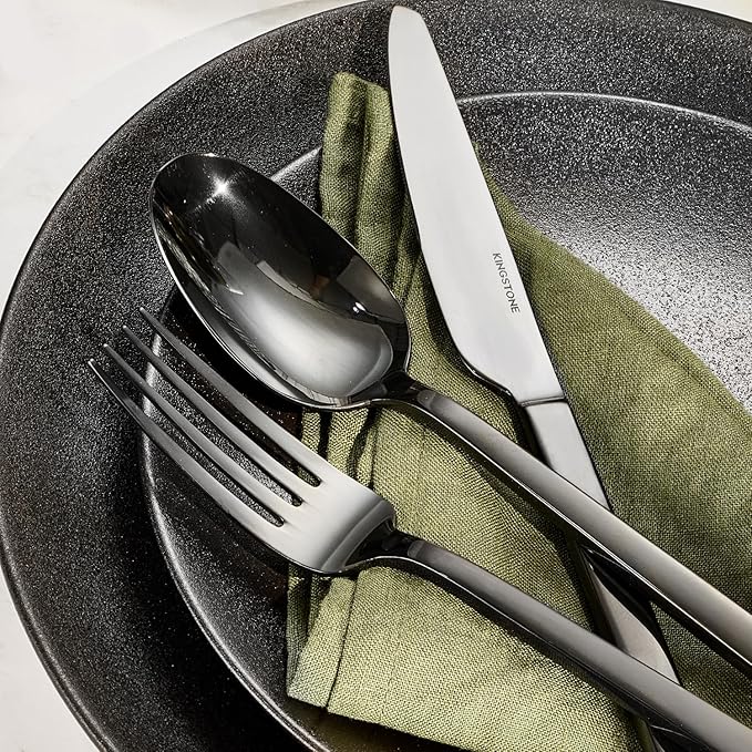 KINGSTONE Black Silverware Set, 20-Piece Flatware Cutlery Set Premium Stainless Steel, Service for 4, for Kitchen, Home, Wedding, Party, Mirror Polished and Dishwasher Safe