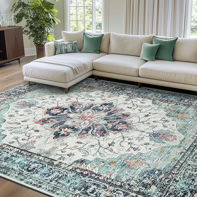 RELEANY Area Rugs 7'x9' Washable Non-Slip, Floral Vintage Distress Print Pattern Medallion Carpet for Living Room Bedroom Dining Room, Green Navy Blue White Red Teal Colorful