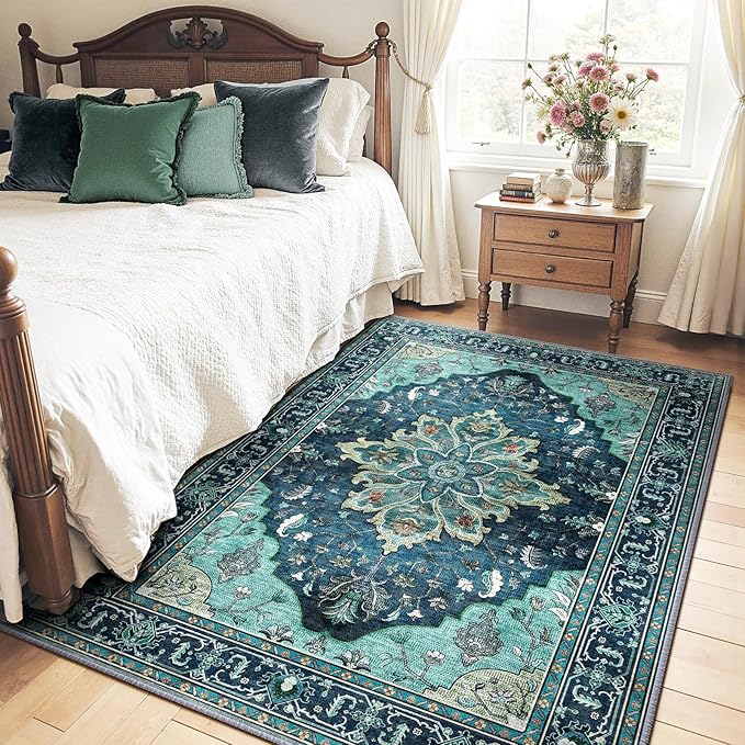 RELEANY Area Rugs 4'x5' Washable Non-Slip, Floral Vintage Distress Print Pattern Medallion Carpet for Living Room Bedroom Dining Room, Teal Green Lake Blue Turquoise