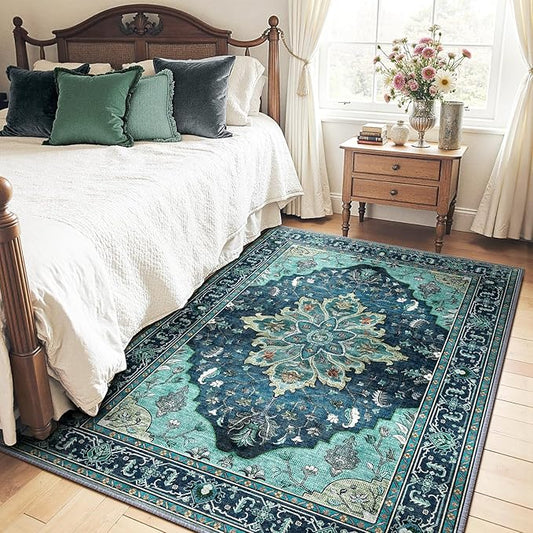 RELEANY Area Rugs 4'x5' Washable Non-Slip, Floral Vintage Distress Print Pattern Medallion Carpet for Living Room Bedroom Dining Room, Teal Green Lake Blue Turquoise