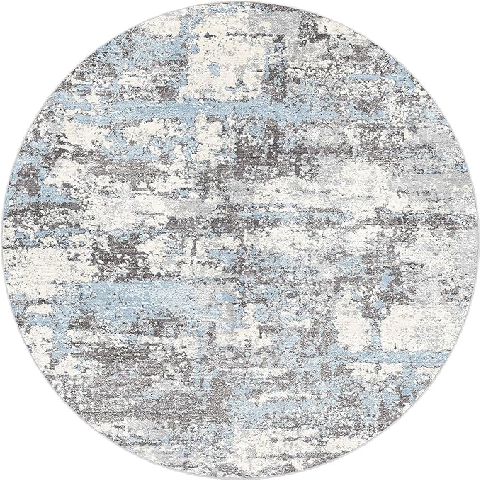 8ft Round Area Rugs for Living Room: 8x8 Abstract Washable Rug Modern Large Soft Stain Resistant Non-Slip Backing Machine Table for Bedroom Dining Room Indoor Home Office Carpet - Blue Grey
