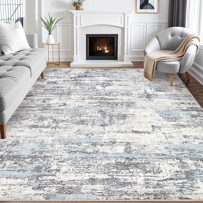 Area Rugs for Living Room: 10x14 Abstract Washable Rug Modern Neutral Large Soft Stain Resistant Non-Slip Backing Machine Table for Bedroom Dining Room Indoor Home Office Carpet - Blue Grey