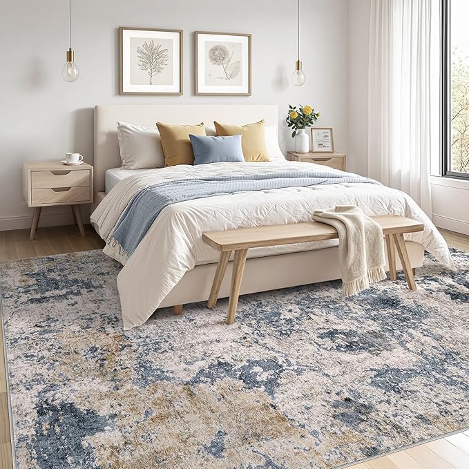 Area Rugs for Living Room: 9x12 Abstract Washable Rug Large Soft Stain Resistant Non-Slip Backing for Bedroom Dining Room Indoor Home Office Carpet for Kids Pet Friendly Families - Blue Brown