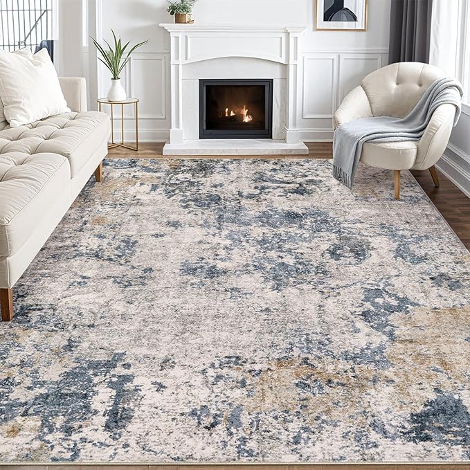 Area Rugs for Living Room: 9x12 Abstract Washable Rug Large Soft Stain Resistant Non-Slip Backing for Bedroom Dining Room Indoor Home Office Carpet for Kids Pet Friendly Families - Blue Brown